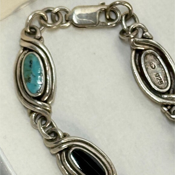 Vintage Boho SW 925 Silver Multi Stone Cabochon Link Bracelet 7" Turquoise Onyx - Picture 5 of 11